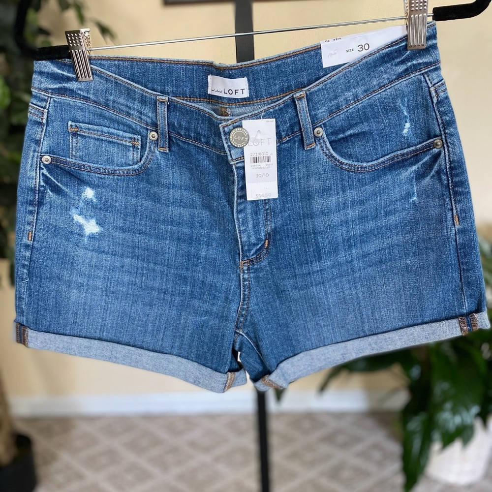 LOFT Destructed Roll Shorts in Dark Indigo